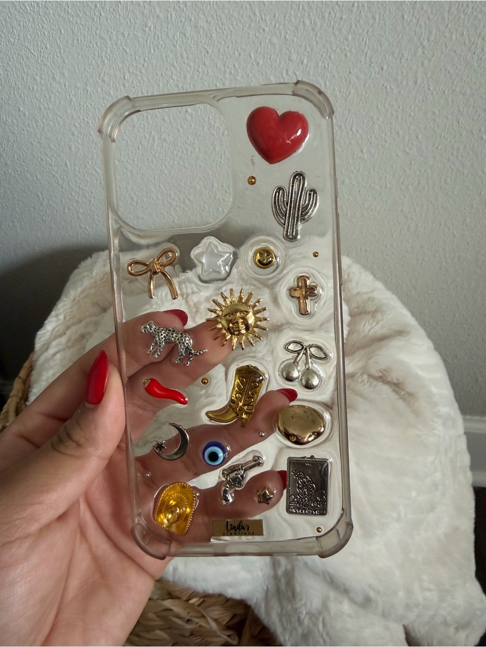iPhone 16 Pro Max Clear Decorative Phone Case with Gold Charms - Red Accents